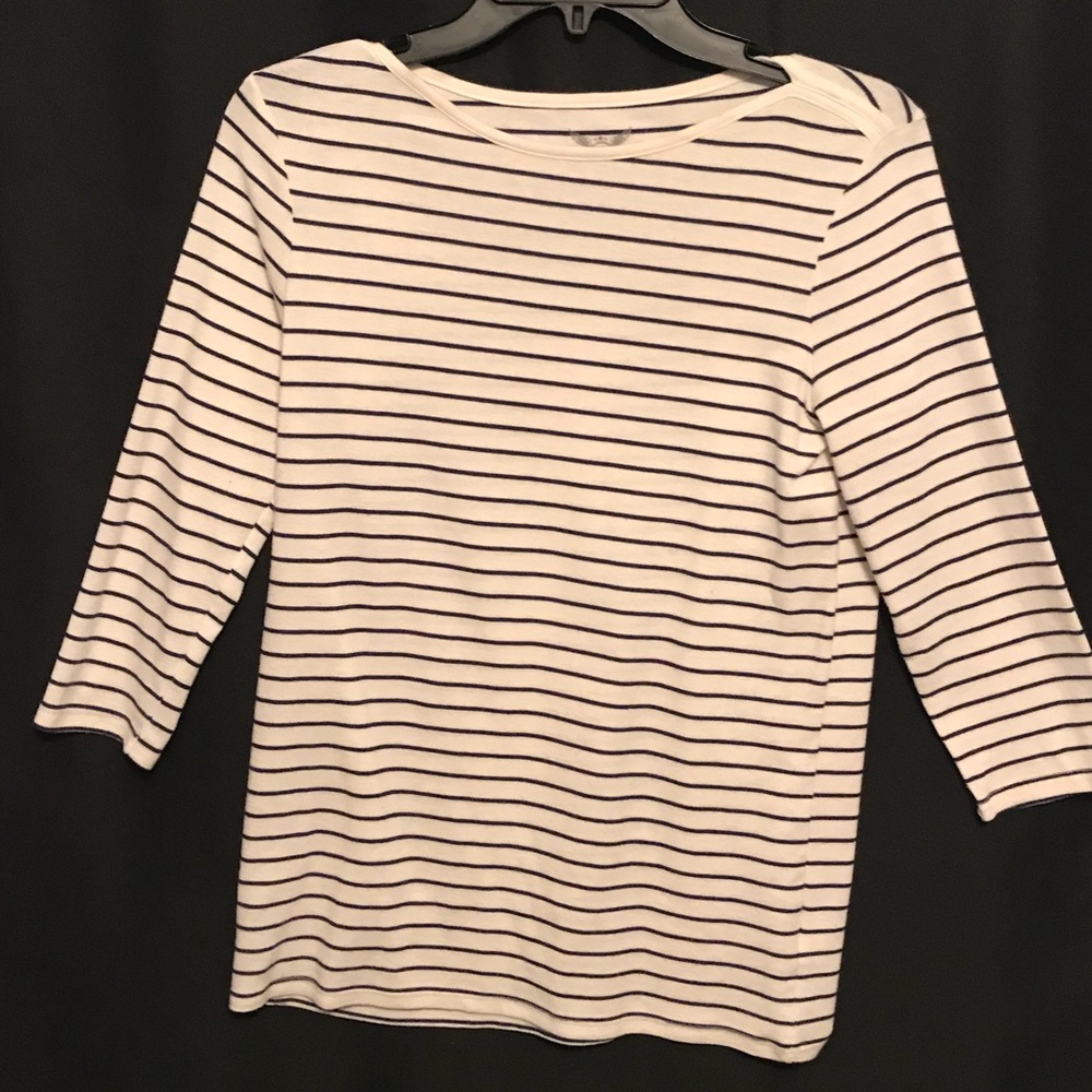 Cream and navy striped bateau neck line blouse